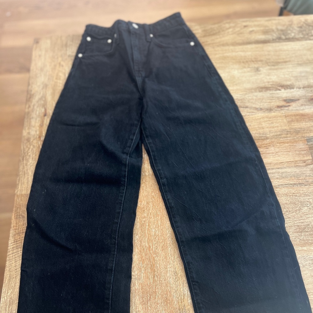 Frame Denim Long Barrel Straight Jeans in Film Noir Black - Size 24